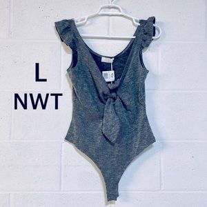 NWT L SAGE the label bunnytie flutter sleeve keyhole bodysuit grey black ribbed